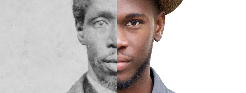 Young African American male side by side with a black and white photo of his ancestor